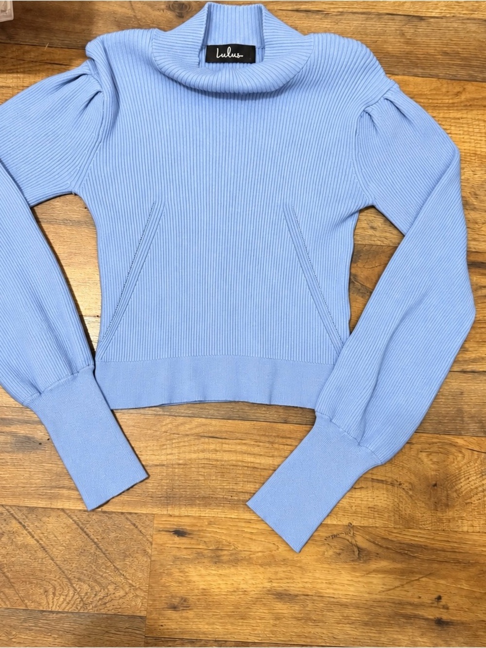 Lulus Baby Blue Ribbed Mock Neck Puff Sleeve Sweater – XS